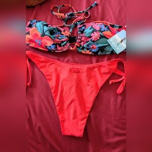 Roxy Floral Cutout Bikini Top - Pink and Black